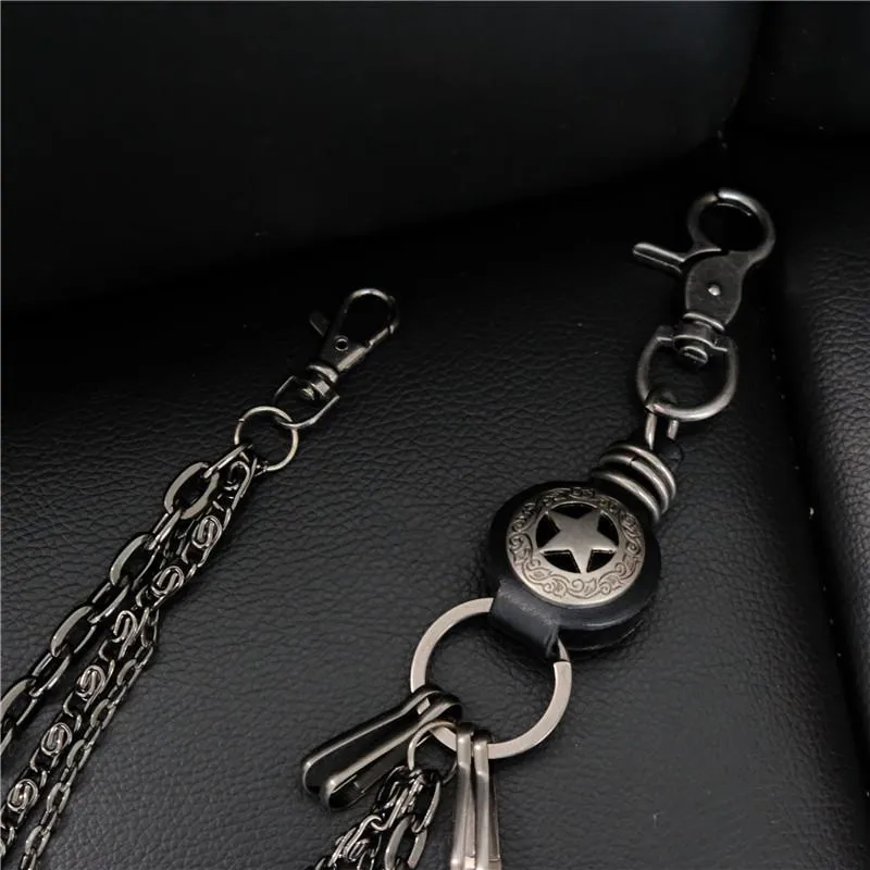 Cool Men's Silver Star Triple Pants Leather Head Chain Punk Wallet Chain For Men