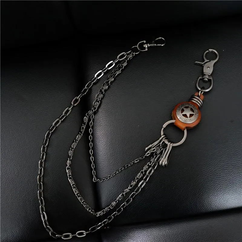 Cool Men's Silver Star Triple Pants Leather Head Chain Punk Wallet Chain For Men
