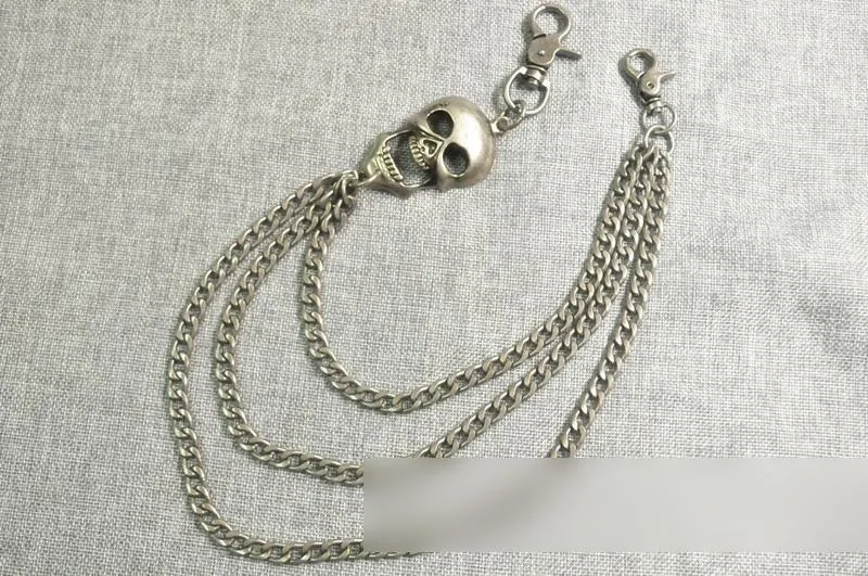 Cool Men's Silver Triple Skull Pants Chain Long Punk Skull Wallet Chain For Men