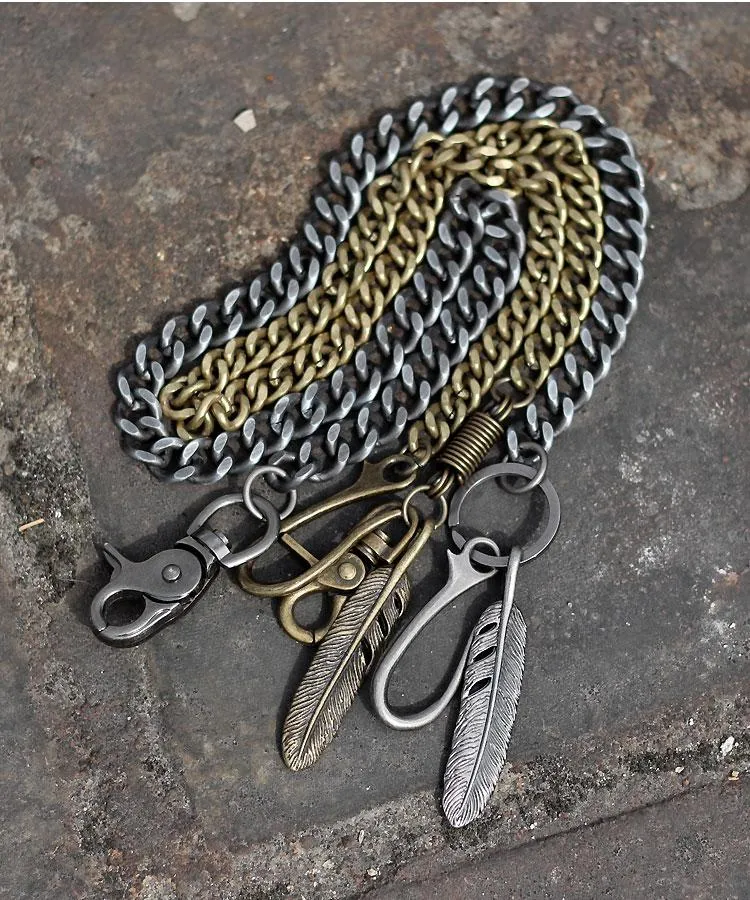 Cool Men's Skull Long Feather Pendant Hip Hop Stainless Steel Pants Chain Biker Wallet Chain For Men