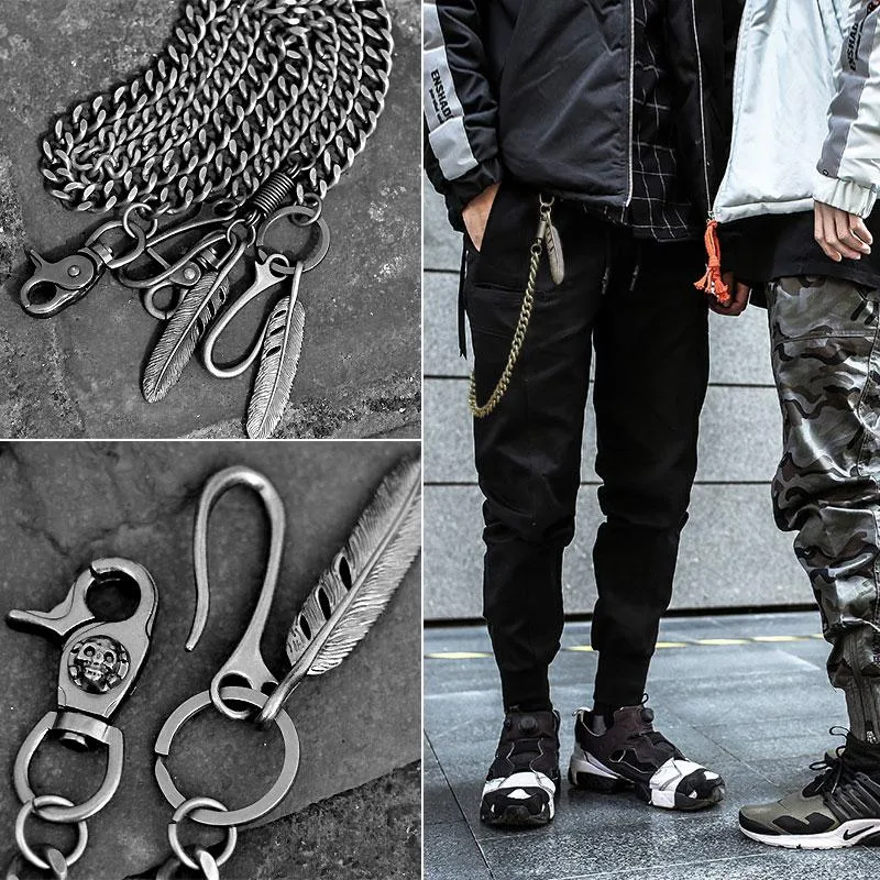 Cool Men's Skull Long Feather Pendant Hip Hop Stainless Steel Pants Chain Biker Wallet Chain For Men