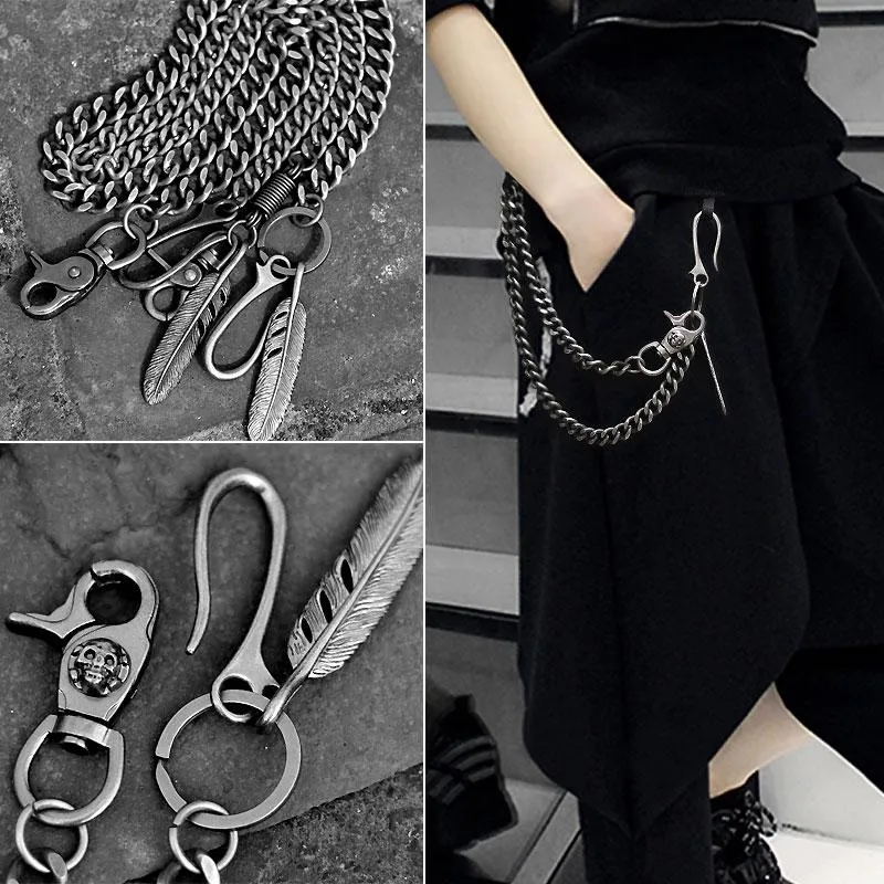 Cool Men's Skull Long Feather Pendant Hip Hop Stainless Steel Pants Chain Biker Wallet Chain For Men