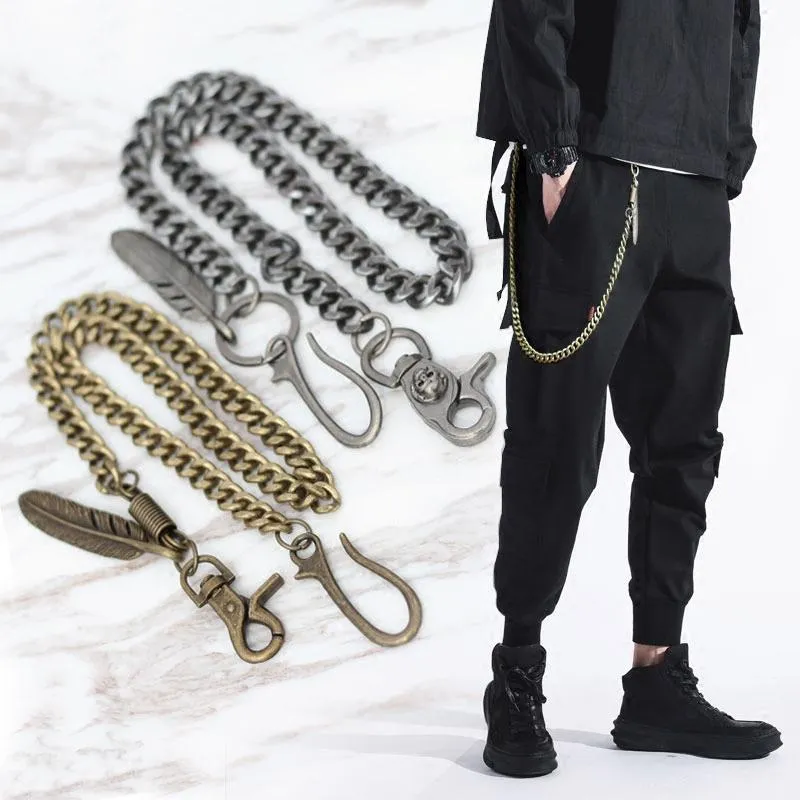 Cool Men's Skull Long Feather Pendant Hip Hop Stainless Steel Pants Chain Biker Wallet Chain For Men