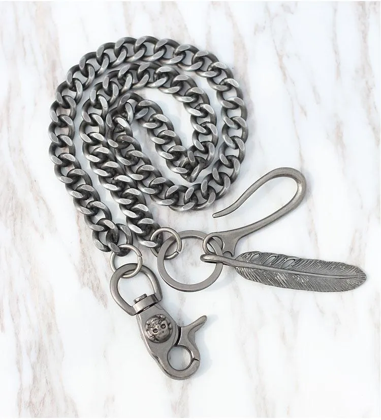Cool Men's Skull Long Feather Pendant Hip Hop Stainless Steel Pants Chain Biker Wallet Chain For Men