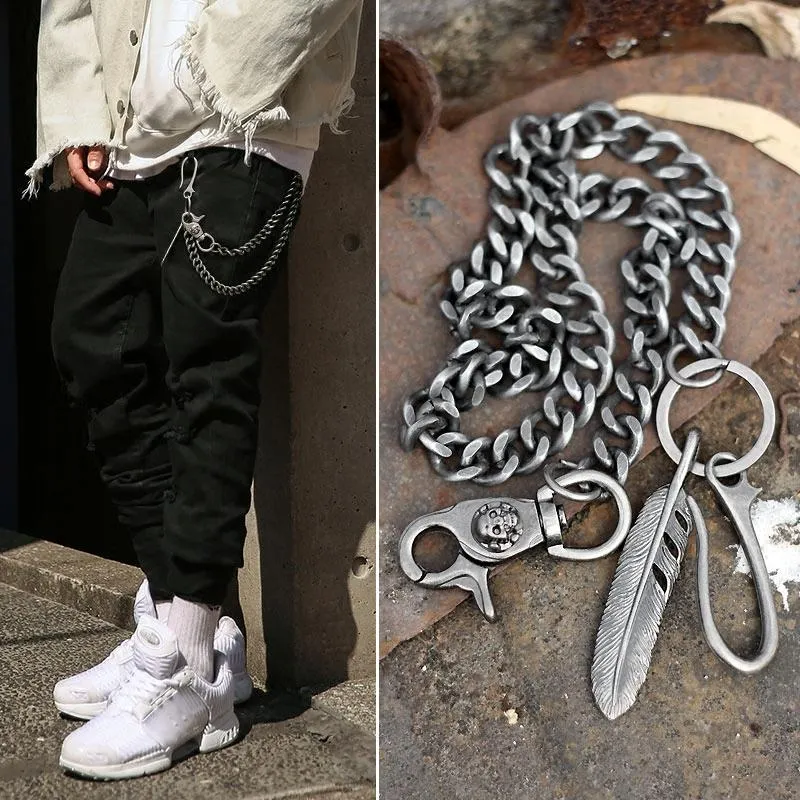 Cool Men's Skull Long Feather Pendant Hip Hop Stainless Steel Pants Chain Biker Wallet Chain For Men