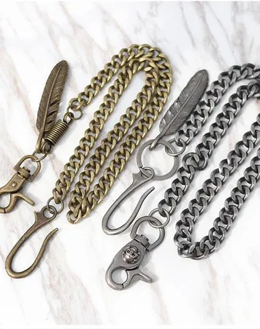 Cool Men's Skull Long Feather Pendant Hip Hop Stainless Steel Pants Chain Biker Wallet Chain For Men