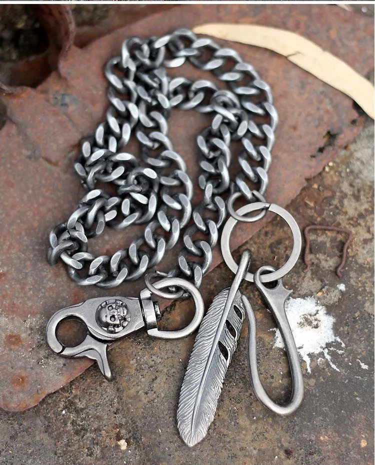 Cool Men's Skull Long Feather Pendant Hip Hop Stainless Steel Pants Chain Biker Wallet Chain For Men