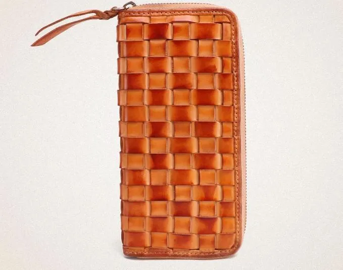 Cool Tan Mens Leather Long Wallet Braided Zipper Long Wallet for Men