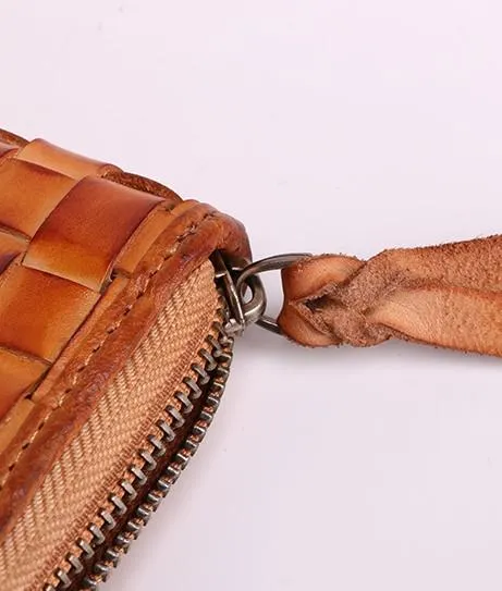 Cool Tan Mens Leather Long Wallet Braided Zipper Long Wallet for Men