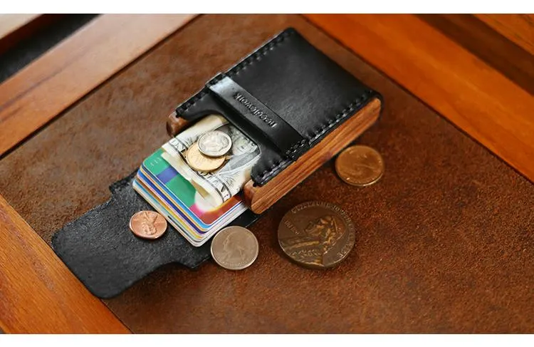 Cool Wooden Leather Mens Wallet Small Card Holder Coin Wallet for Men