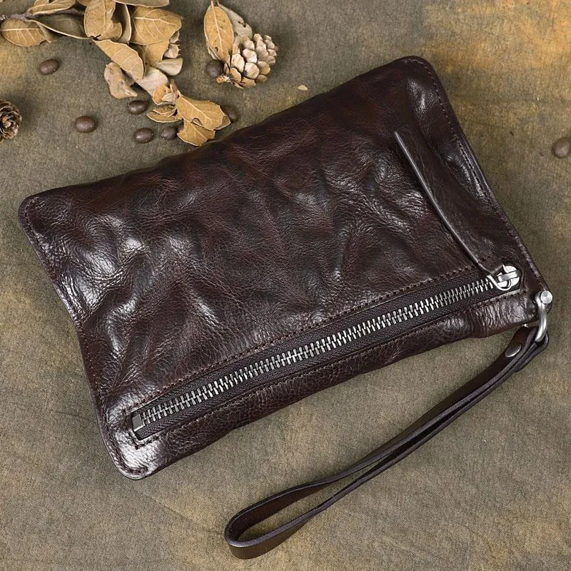 Cool Wrinkled Leather Mens Brown Long Wallet Wristlet Wallet Black Clutch Wallet for Men