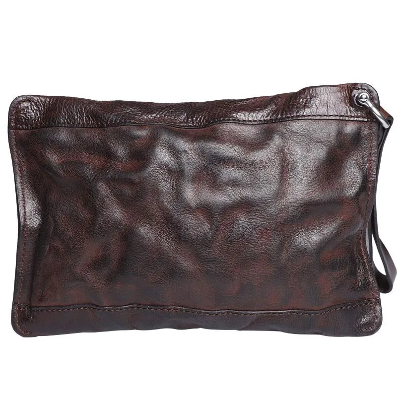 Cool Wrinkled Leather Mens Brown Long Wallet Wristlet Wallet Black Clutch Wallet for Men