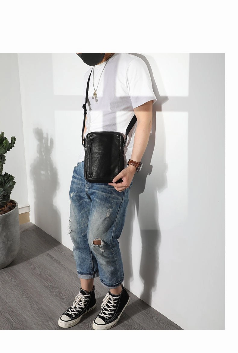 Cool Black LEATHER MEN'S 8 INCHES Small Side BAGs Vertical Coffee MESSENGER BAGs Courier BAG FOR MEN