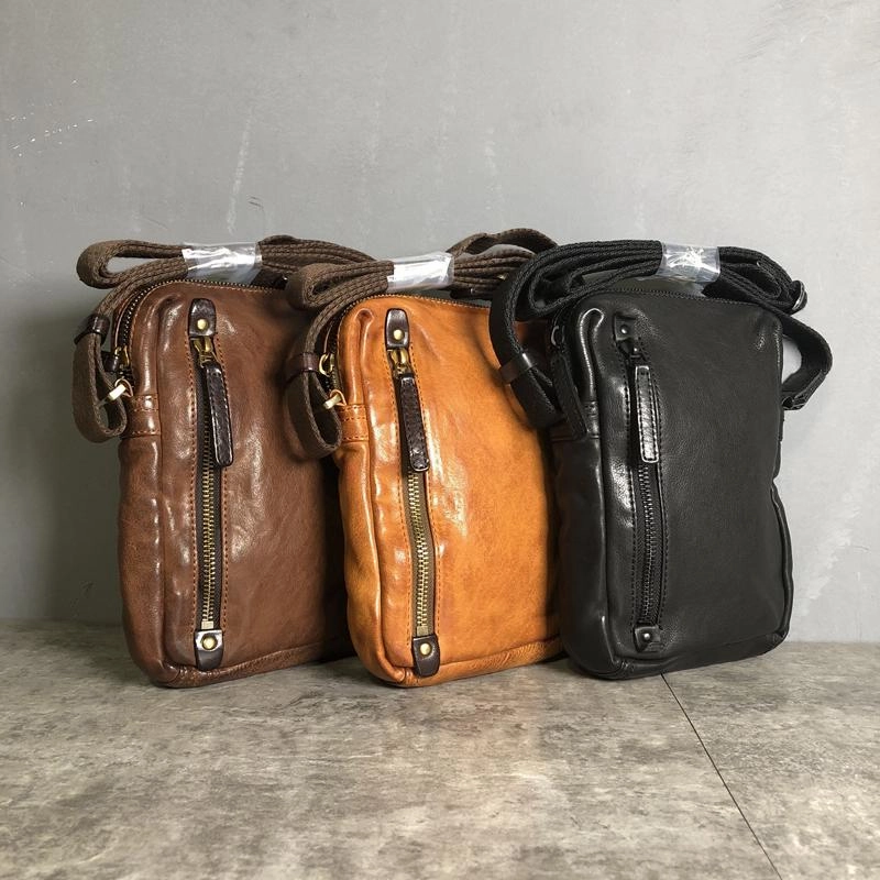 Cool BROWN LEATHER MEN'S Vertical Small Side Bags MESSENGER BAG BLACK Black Courier Bags FOR MEN