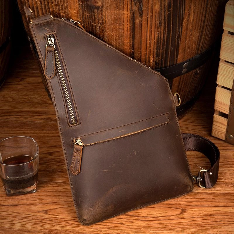 Cool Brown Leather Mens Sling Bag Crossbody Pack Messenger Bag Chest Bag for men