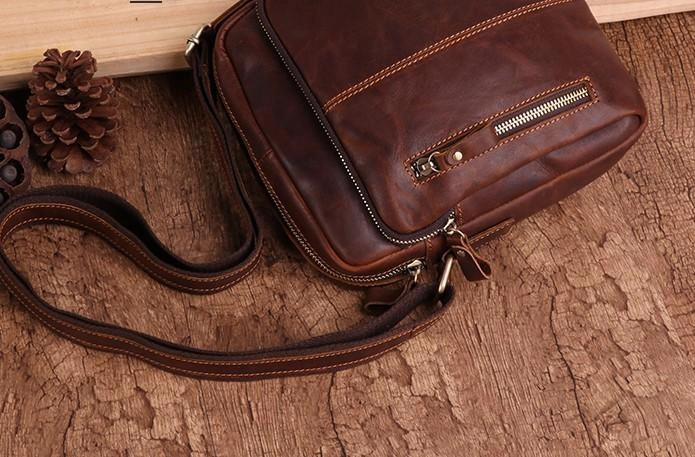 Cool Brown Leather Mini Messenger Bags Small Tablet Messenger Bag Side Bag For Men