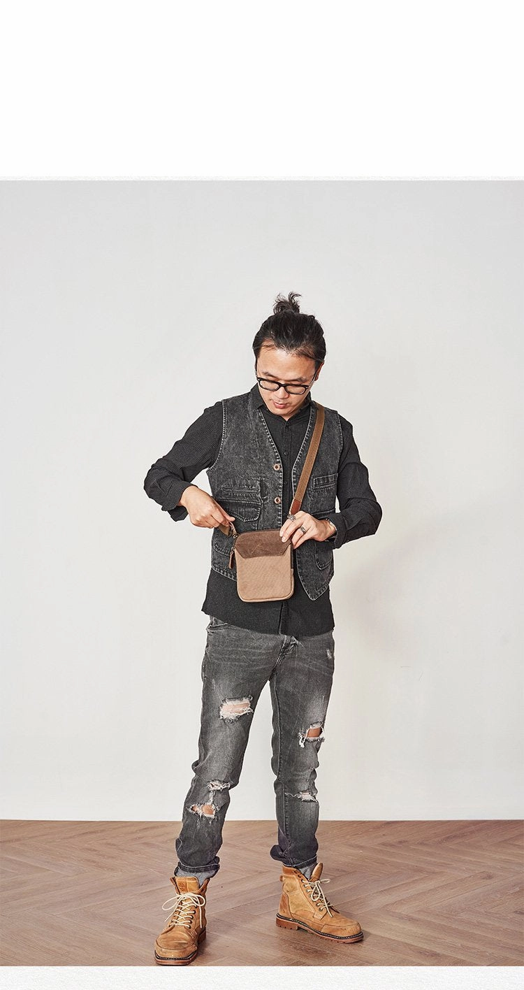 Cool Canvas Mens Mini Side Bag Small Vertical Messenger Bags Courier Bag for Men
