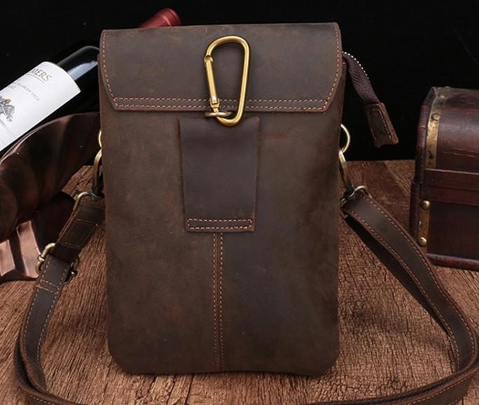 Cool Dark Brown Leather Mens Belt Pouch Small Side Bag Waist Belt Bag For Men