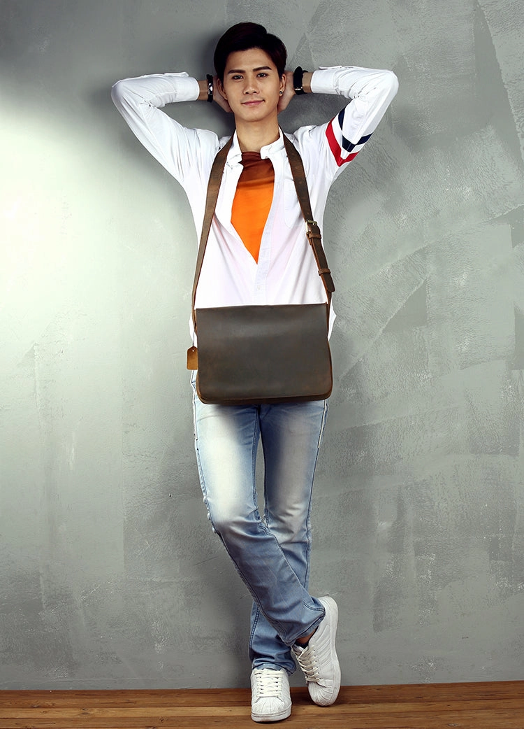 Cool Leather Coffee Mens Side Bag Messenger Bags Vintage Courier Bag for Men