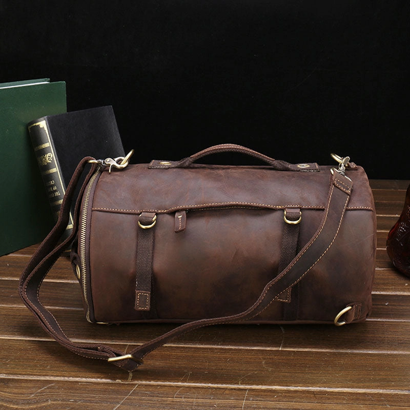 Cool Leather Mens Barrel Shoulder Bags Backpack Travel Bag for Men