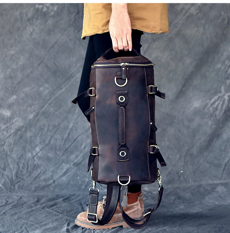 Cool Leather Mens Barrel Shoulder Bags Backpack Travel Bag for Men