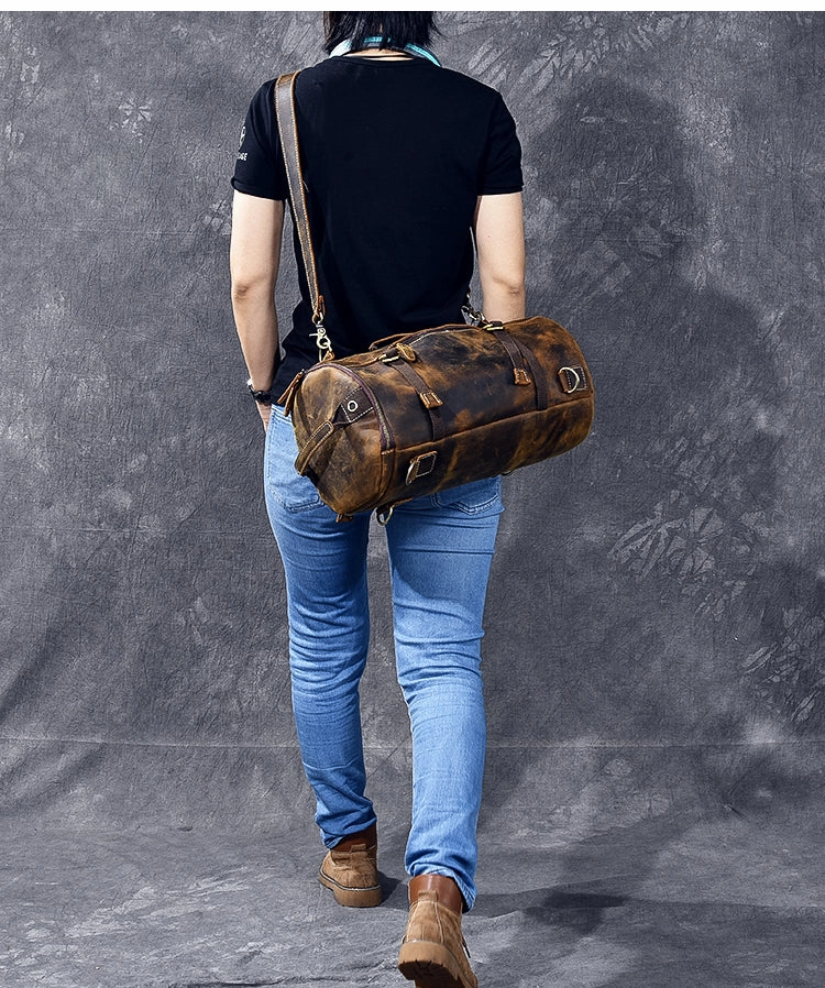 Cool Leather Mens Barrel Shoulder Bags Backpack Travel Bag for Men