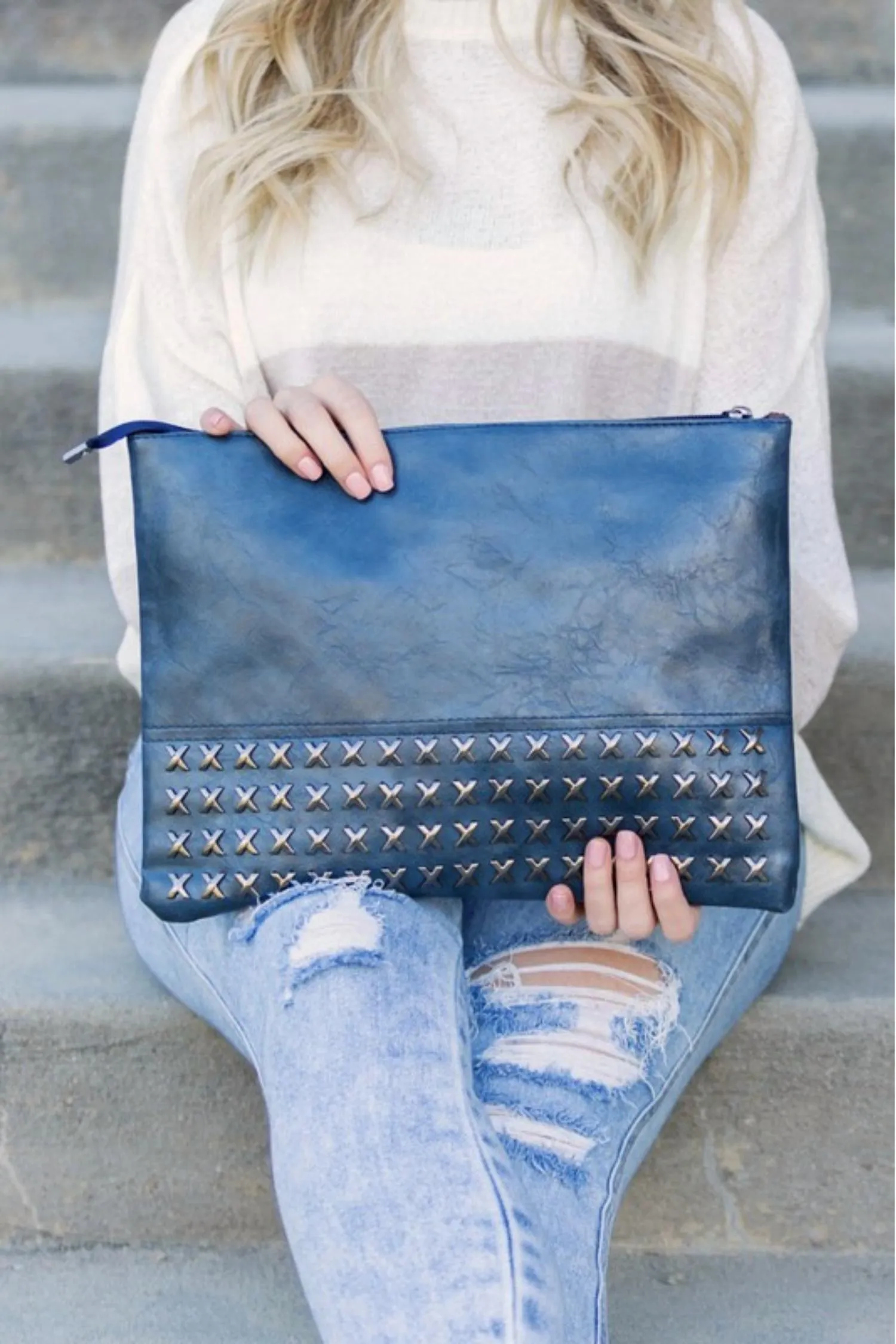 Cross Studded Faux Leather Clutch In Midnight Blue