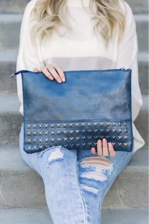 Cross Studded Faux Leather Clutch In Midnight Blue