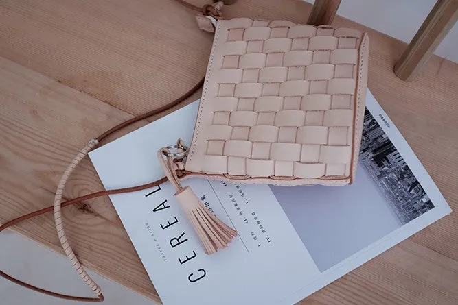 Cute Leather Beige Braided Womens Small Crossbody Purse Mini Shoulder Bag for Women
