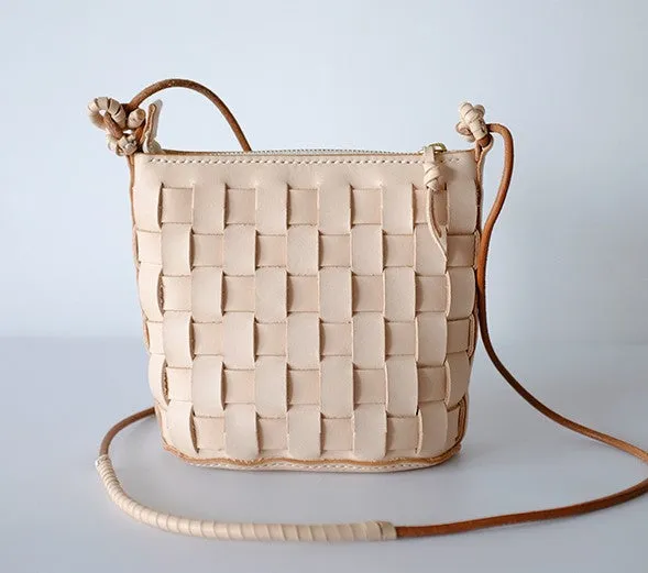 Cute Leather Beige Braided Womens Small Crossbody Purse Mini Shoulder Bag for Women