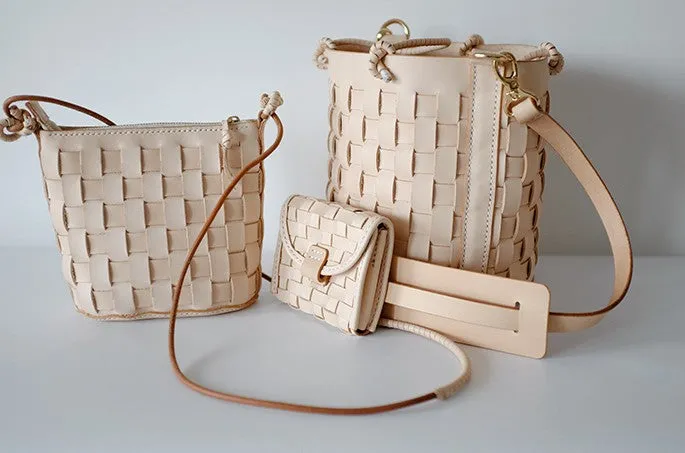 Cute Leather Beige Braided Womens Small Crossbody Purse Mini Shoulder Bag for Women