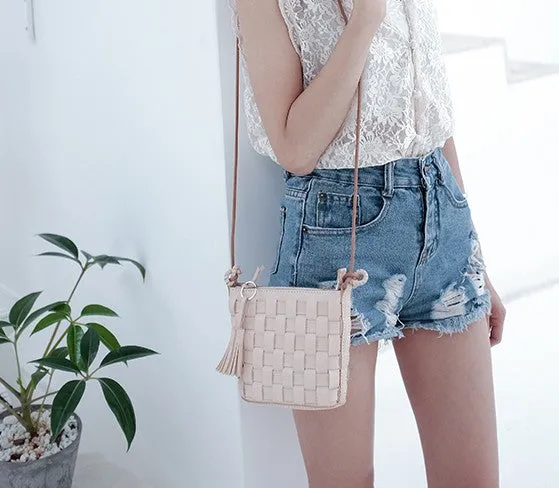 Cute Leather Beige Braided Womens Small Crossbody Purse Mini Shoulder Bag for Women