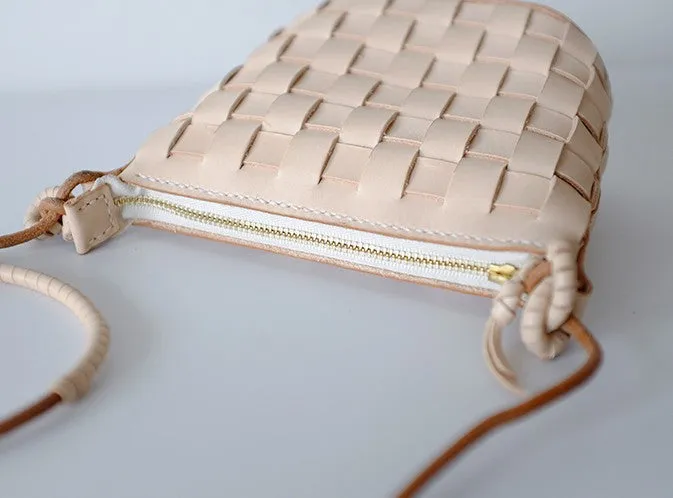 Cute Leather Beige Braided Womens Small Crossbody Purse Mini Shoulder Bag for Women
