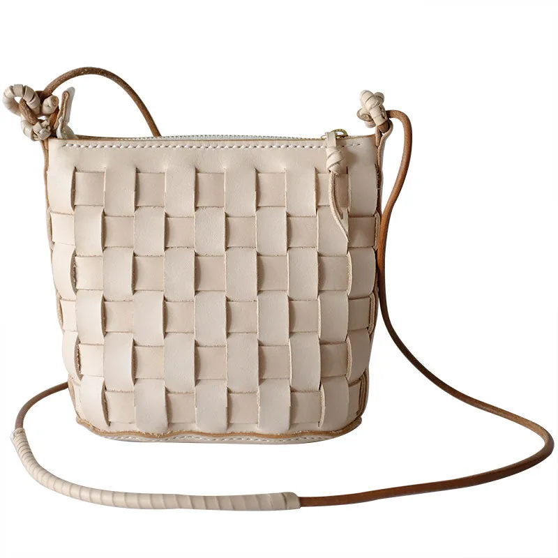 Cute Leather Beige Braided Womens Small Crossbody Purse Mini Shoulder Bag for Women