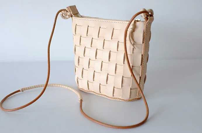 Cute Leather Beige Braided Womens Small Crossbody Purse Mini Shoulder Bag for Women