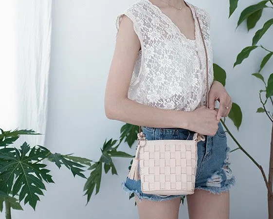 Cute Leather Beige Braided Womens Small Crossbody Purse Mini Shoulder Bag for Women