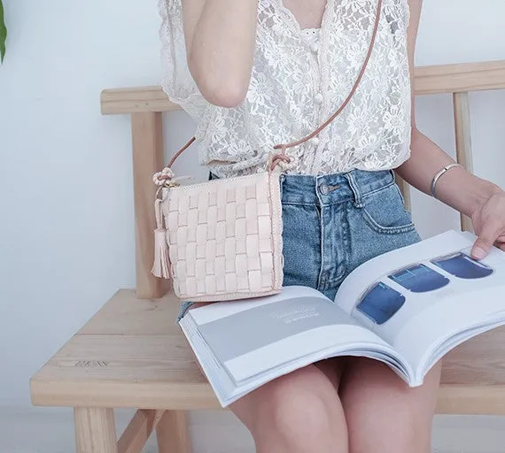 Cute Leather Beige Braided Womens Small Crossbody Purse Mini Shoulder Bag for Women