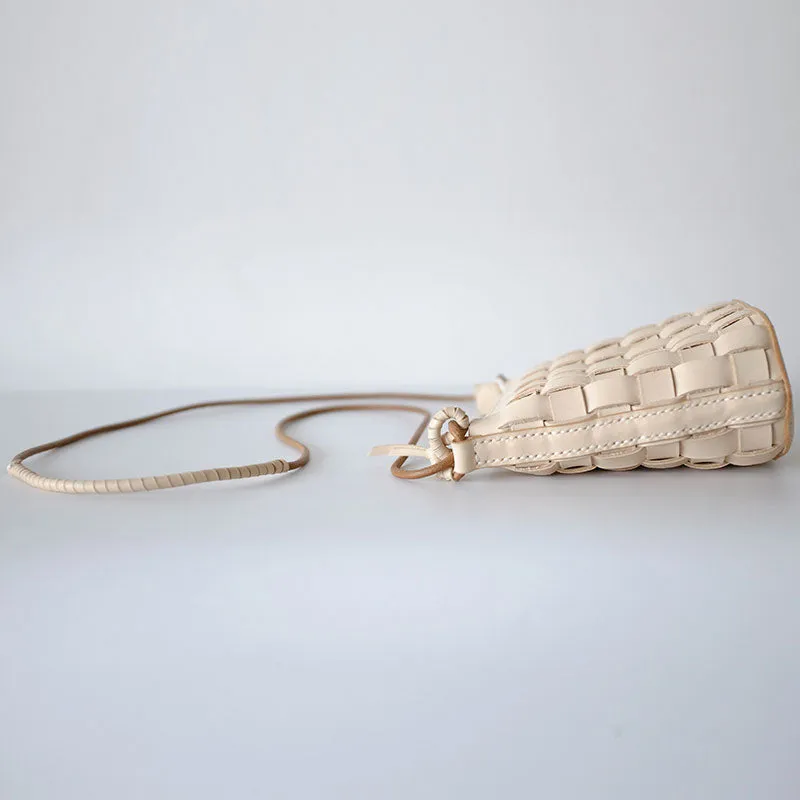 Cute Leather Beige Braided Womens Small Crossbody Purse Mini Shoulder Bag for Women