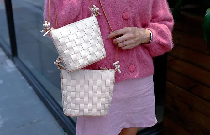 Cute Leather Beige Braided Womens Small Crossbody Purse Mini Shoulder Bag for Women