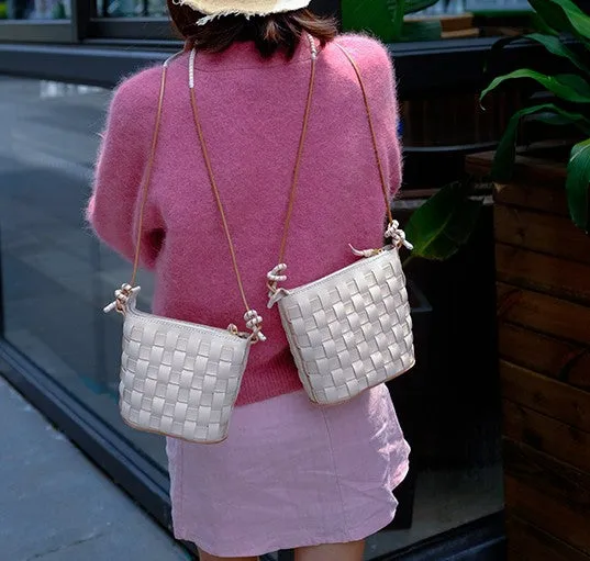 Cute Leather Beige Braided Womens Small Crossbody Purse Mini Shoulder Bag for Women