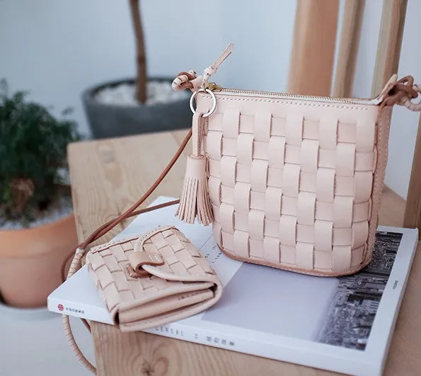 Cute Leather Beige Braided Womens Small Crossbody Purse Mini Shoulder Bag for Women