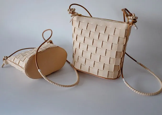 Cute Leather Beige Braided Womens Small Crossbody Purse Mini Shoulder Bag for Women