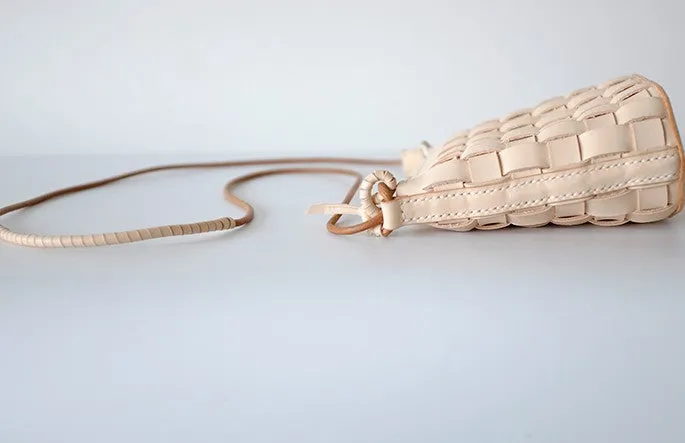 Cute Leather Beige Braided Womens Small Crossbody Purse Mini Shoulder Bag for Women