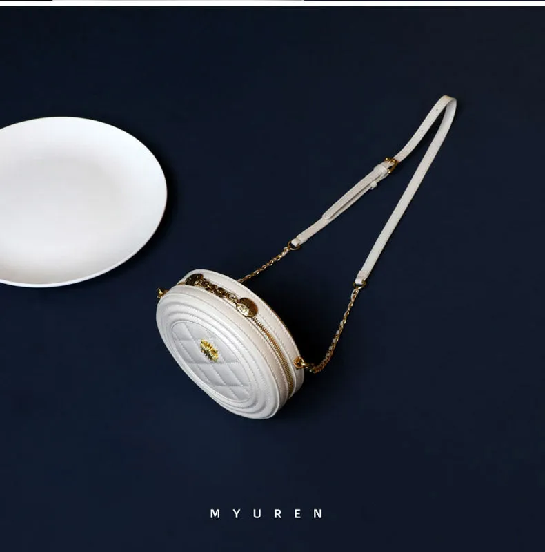 Cute Womens Black Leather Round Crossbody Purse Round Black Chain Shoulder Bag for Women