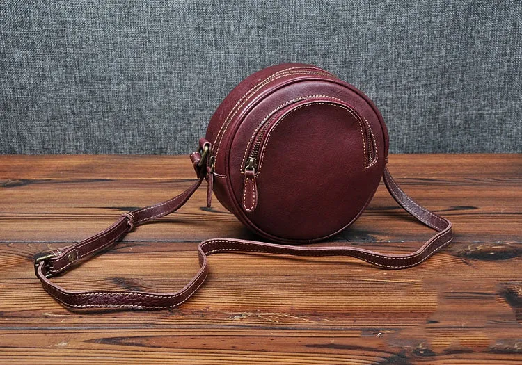 Cute Womens Small Coffee Leather Round Crossbody Purse Vintage Round Coffee Shoulder Bag for Women