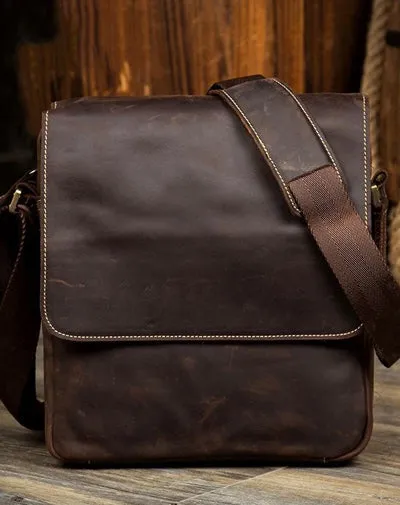 Dark Brown Cool Leather 10 inches Small Vertical Side Bags Messenger Bags Courier Bag for Men