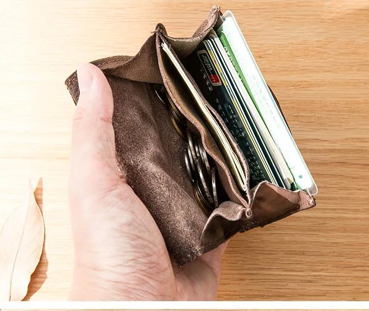 Dark Brown Cool Leather Mens Card Wallets Bifold Vintage Front Pocket Wallet Coin Holder for Men