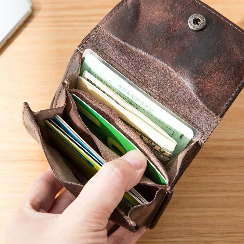 Dark Brown Cool Leather Mens Card Wallets Bifold Vintage Front Pocket Wallet Coin Holder for Men