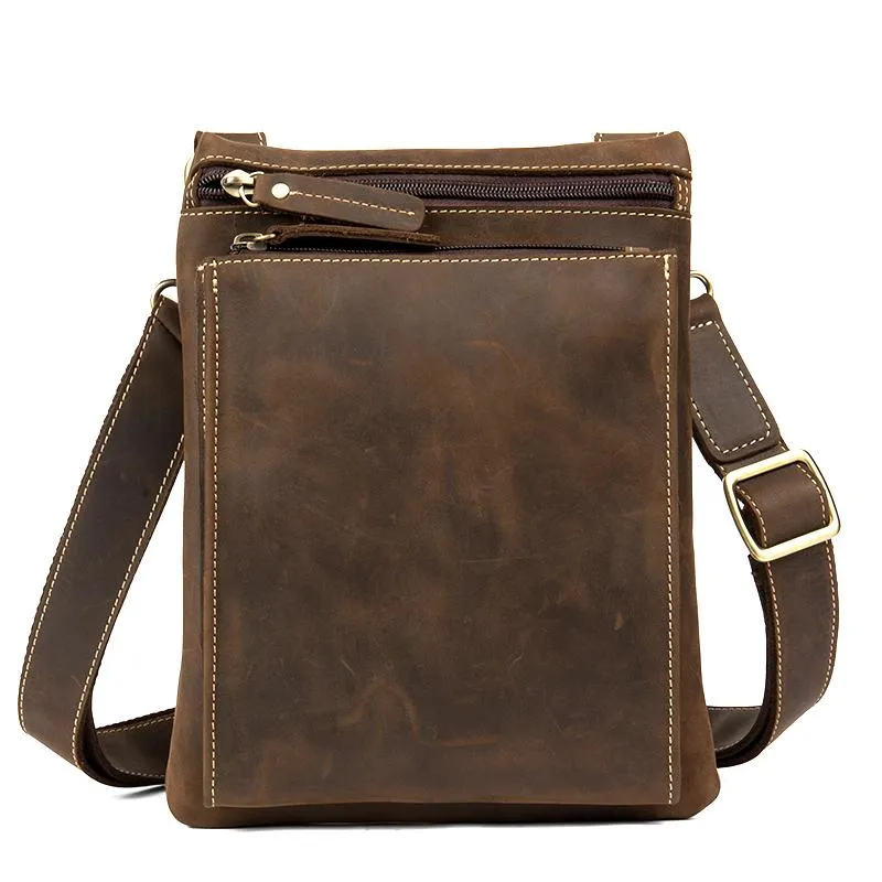 Dark Brown Cool Leather Small Vertical Side Bag Messenger Bags Courier Bag for Men