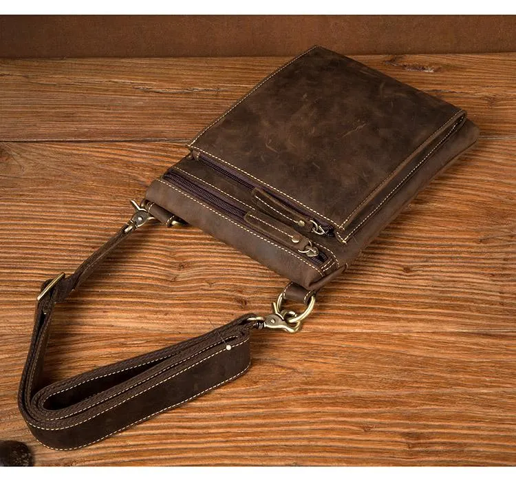 Dark Brown Cool Leather Small Vertical Side Bag Messenger Bags Courier Bag for Men
